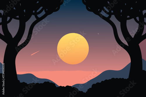 A serene sunset landscape featuring silhouetted trees against distant mountains, with vibrant orange and purple hues in the sky.
