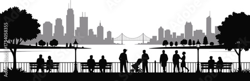 Park Silhouette with People and Cityscape Vector Illustration