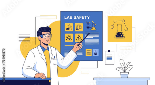Scientist Explaining Lab Safety Guidelines with Visual Aids for Educational Purposes