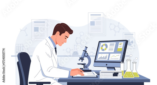Scientist in laboratory performing research and analysis with microscope and data analysis