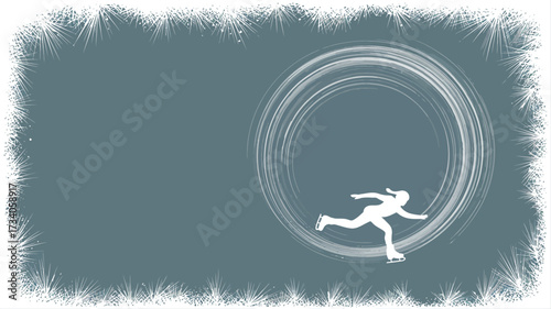 Ice skater silhouette with circular motion trails on a wintery background with snow flake border