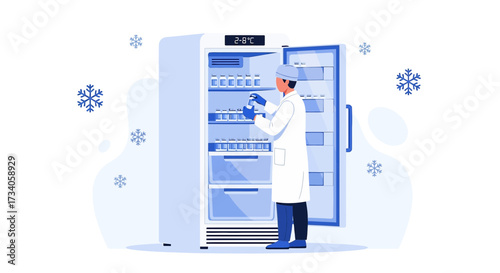 Scientist storing vials in ultra low temperature freezer for vaccine research and development
