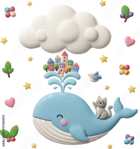 Happy cartoon bird flying in blue sky with colorful rainbow and fluffy clouds summer nature scene