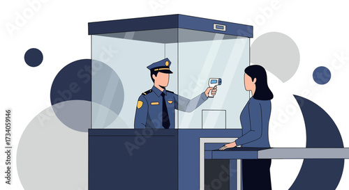 Security officer checking temperature of a passenger with thermal scanner at security checkpoint