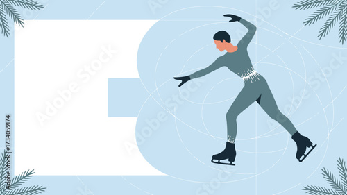 Illustration of a figure skater in a gray suit on ice with pine branches and a white background space