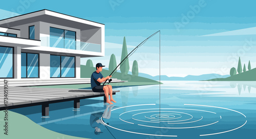 Serene lakeside fishing scene with modern house and peaceful atmosphere created with vector graphics