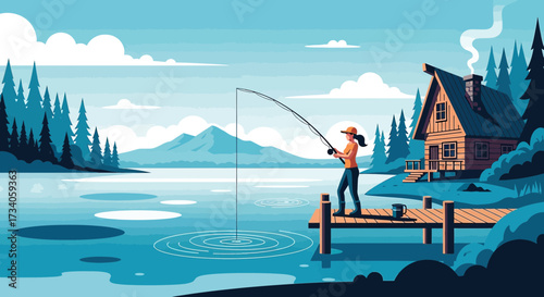 Serene lakeside fishing scene with woman on dock in stylized vector illustration