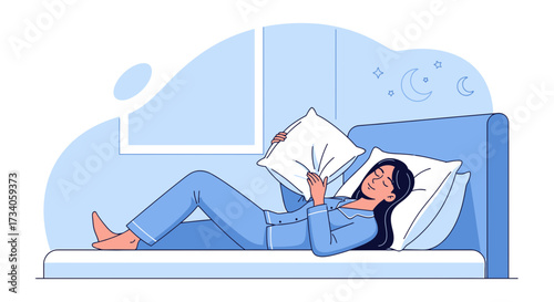 Serene night scene with a woman peacefully sleeping with a pillow in her room at night