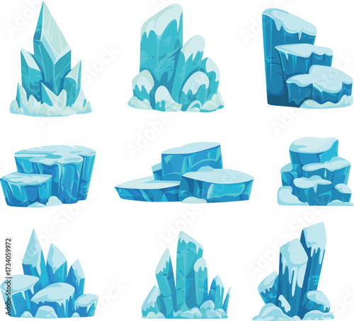 Cartoon ice formation vector set with jagged glaciers, snowy surfaces, frozen terrain illustrations for winter, gaming, education, and design use