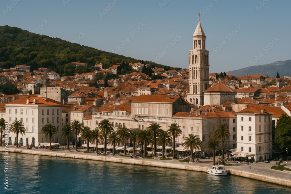 Fototapeta premium Historic coastal cityscape with architecture.