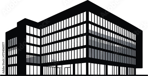 Modern Office Building Structure Facade Black and White Vector Design with Glass