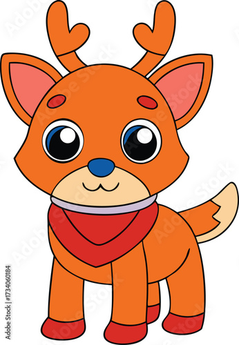A cheerful cartoon reindeer adorned with a red bandana, set in a wintery landscape.
