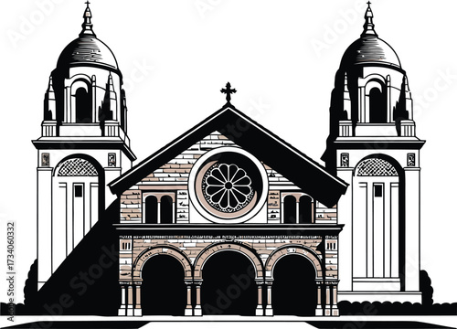 Cathedral Silhouette Vector Illustration with Towers on Transparent Background