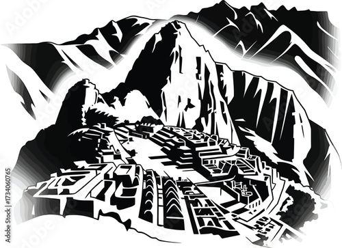 Machu Picchu Ancient Inca Citadel Black White Landscape Vector Illustration