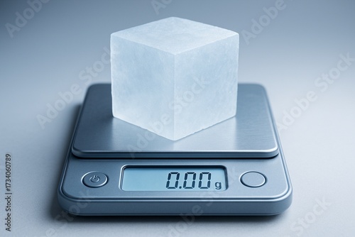Lightweight aerogel transparent solid cube weighing nothing on a digital scale.