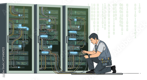 Server Maintenance Technician Working on Data Center Infrastructure with Binary Code