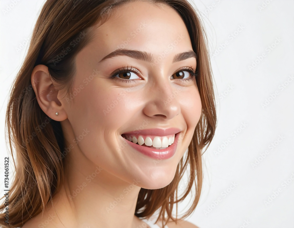 Naklejka premium Smiling Young Woman with Full Face Visible on Clean Background 