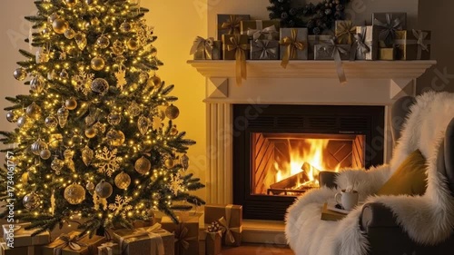 A decorated tree with glowing lights stands beside a burning fireplace and a cozy blanket-draped chair in a warmly lit room