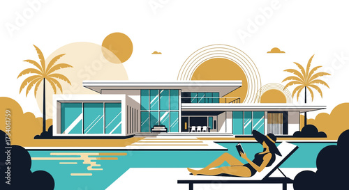 Stylized modern villa with pool and woman reading a book, creating a sense of luxury and leisure
