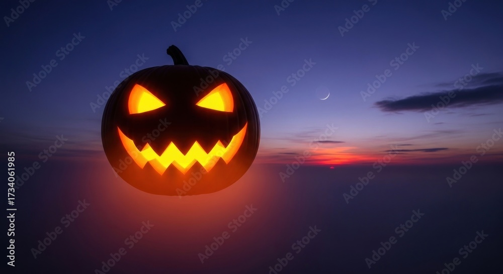 Fototapeta premium Glowing halloween pumpkin with spooky face against a twilight sky background