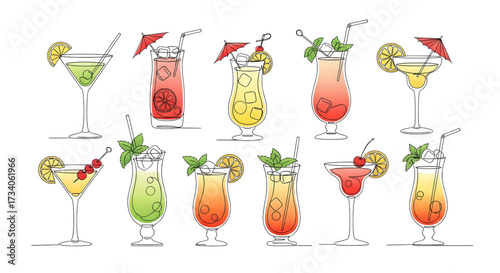 Continuous line drawing vector illustration with a fully editable stroke of exotic cocktail drinks.