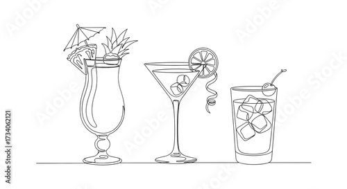 Continuous line drawing vector illustration with a fully editable stroke of exotic cocktail drinks.