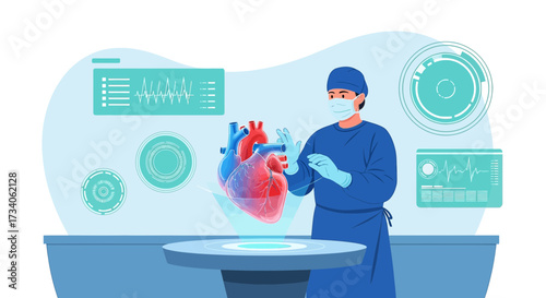 Surgeon using innovative augmented reality technology to view a human heart model for surgery