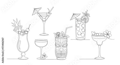 Continuous line drawing vector illustration with a fully editable stroke of exotic cocktail drinks.