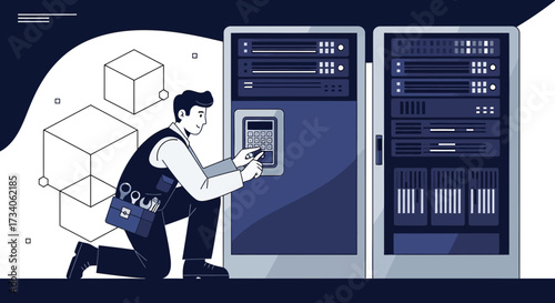 System administrator configuring a server room infrastructure for network maintenance