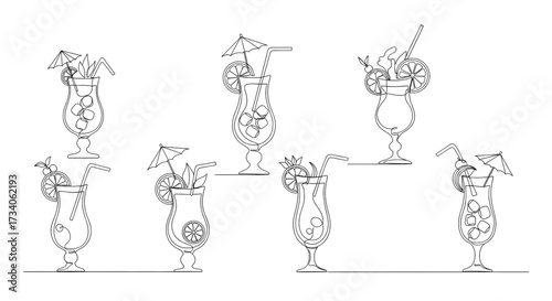 Continuous line drawing vector illustration with a fully editable stroke of exotic cocktail drinks.