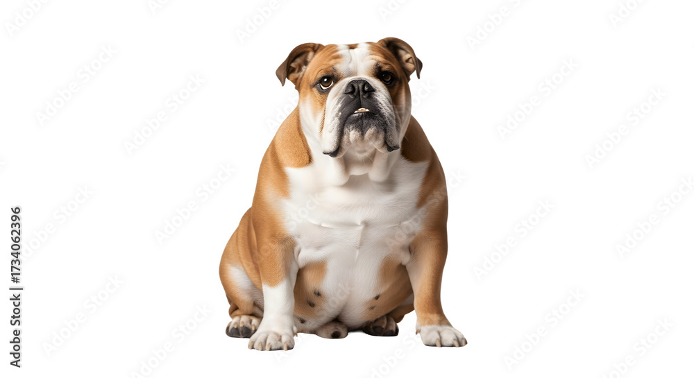 Obraz premium English Bulldog sitting patiently looking forward with a white background.