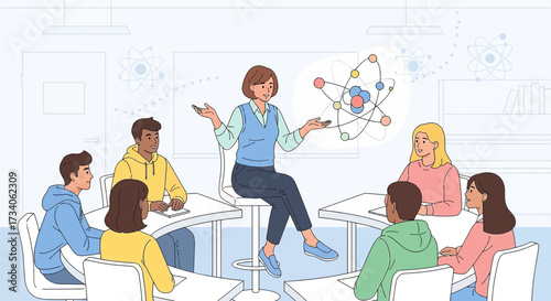 Teacher explaining atom structure to students in a classroom setting illustration for educational