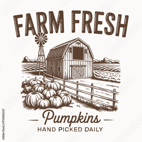 farm fresh pumpkins hand picked daily illustration with rustic barn windmill countryside fence and pumpkin patch vintage harvest artwork perfect for thanksgiving fall season farmhouse décor t shirt de