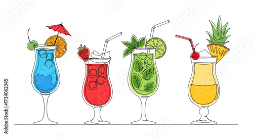 Continuous line drawing vector illustration with a fully editable stroke of exotic cocktail drinks.