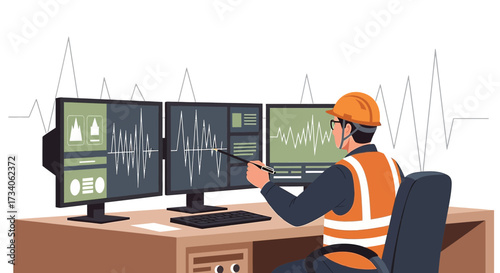 Technician monitoring seismic activity on multiple screens analyzing data carefully
