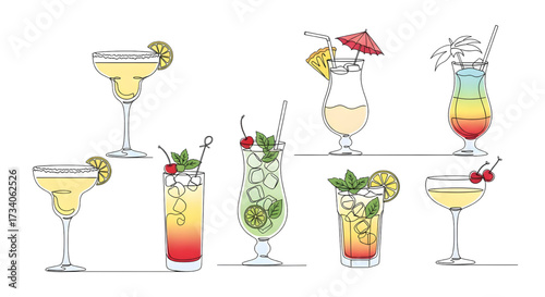 Continuous line drawing vector illustration with a fully editable stroke of exotic cocktail drinks.