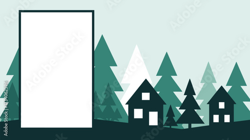 A winter scene with houses and trees and a white rectangle on the left side of the image viewable