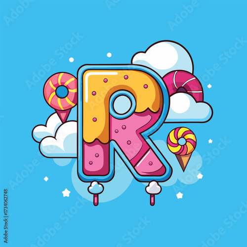 The letter "R" is surrounded by colorful candy and fluffy clouds, creating a whimsical and playful scene.
