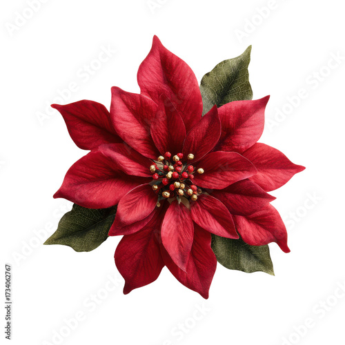 Vibrant Red Poinsettia Flower with Green Leaves Isolated on White Background