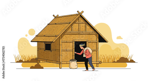 Traditional bamboo house illustration with a man returning home after harvesting