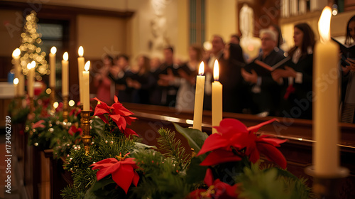 Church decorated for Christmas Eve service with glowing candles, poinsettias, and choir singing, warm festive lighting, high resolution holiday scene.