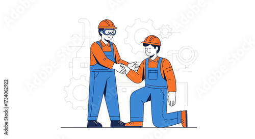 Two construction workers shaking hands signifying partnership and collaboration success