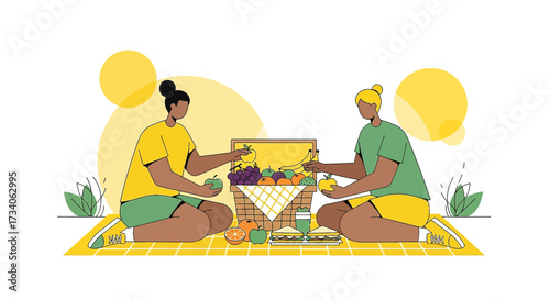 Two women enjoying a delightful picnic outdoors with fresh fruits and sandwiches on a sunny day