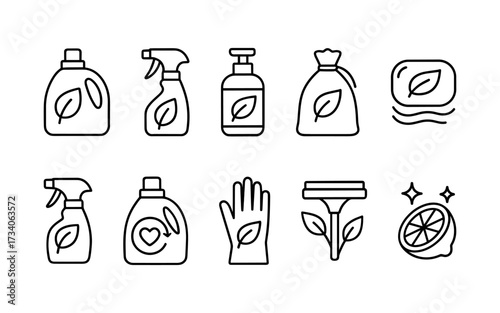 Set of twelve black line icons including eco-friendly cleaning products, spray bottles, detergent, soap, reusable gloves, citrus, and biodegradable packaging.