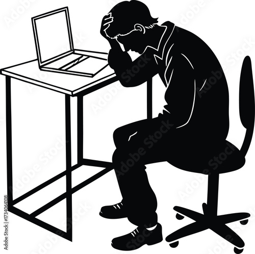 Man sitting at desk with laptop head in hands silhouette