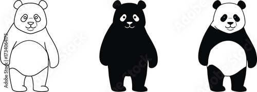Three adorable pandas depicted in sketch style line art and solid fills for diverse design applications and appeals vector