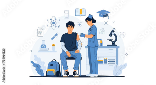 Vaccination campaign illustration depicting nurse administering vaccine to a student in a medical