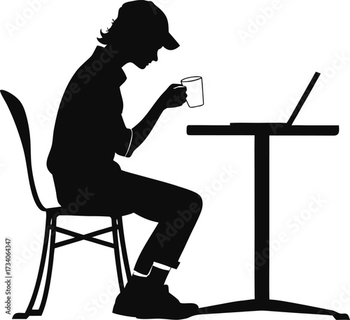 Person wearing a cap drinking coffee at a table with laptop silhouette