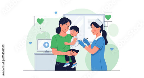 Vaccination process: A mother holding her child while a nurse administers a vaccine shot carefully