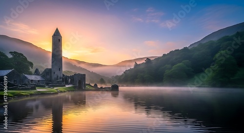 Glendalough monastic site at sunrise with mist over the lake and mountains.